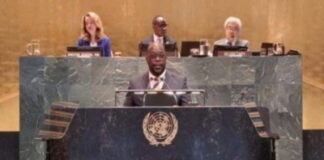 Barbados reiterates its commitment to orderly migration. Barbados foreign minister at UN podium discussing migration policies