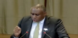 VENEZUELA-Venezuela insists that the ICJ does not have jurisdiction to hear the border dispute with Guyana. Venezuelan official speaking at ICJ with legal documents and map of disputed region