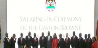 ANTIGUA-PM Browne names 11-member Cabinet. Cabinet ministers seated around table with PM Browne at head