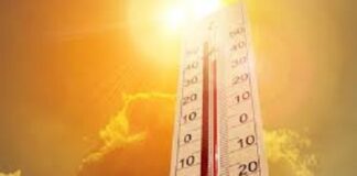 CARIBBEAN-CariCOF warns of heatwaves matching 2024 records. Weather map showing high temperatures across Caribbean with CariCOF warning logo